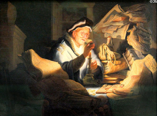 Parable of the rich grain farmer (the money changer) painting (1627) by Rembrandt van Rijn at Berlin Gemaldegalerie. Berlin, Germany.
