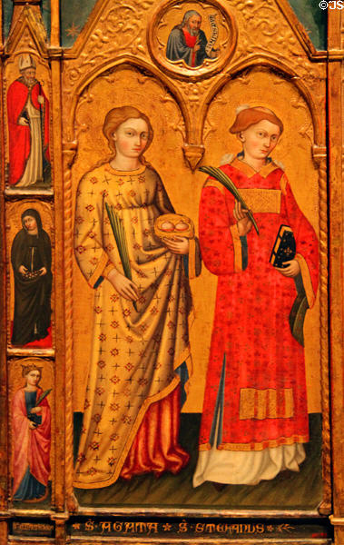 Altarpiece detail of St Agatha & St Stephen (15thC) by Giovanni di Pietro da Pisa at Museu Nacional d'Art de Catalunya. Barcelona, Spain.