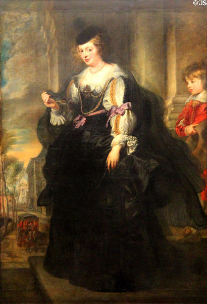 Helen Fourment (2nd wife of Rubens) with Stagecoach symbol of married harmony by Peter Paul Rubens of Antwerp at Louvre Museum. Paris, France.