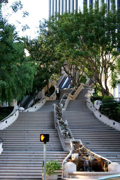 Bunker Hill steps (1989-90) with flowing water channel opposite Los Angeles Public Library. Los Angeles, CA. Architect: Lawrence Halprin.