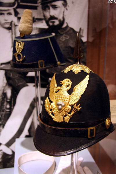 U.S. Army helmets (late 19thC) worn during settlement of American West at Autry National Center. Los Angeles, CA.