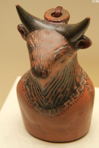 Greek terracotta perfume jar in shape of Minotaur (580-560 BCE) from Ionia at Getty Museum Villa. Malibu, CA.