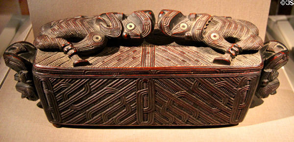 Maori treasure box (late 19thC) from New Zealand at de Young Museum. San Francisco, CA.