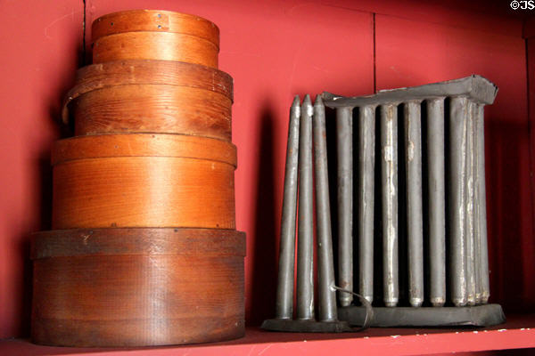 Bent wood boxes & tin candle mold at Strong House. Windsor, CT.