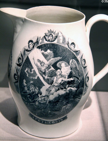 Creamware pitcher showing Apotheosis of George Washington (c1800-5) by Herculaneum Pottery at National Portrait Gallery. Washington, DC.
