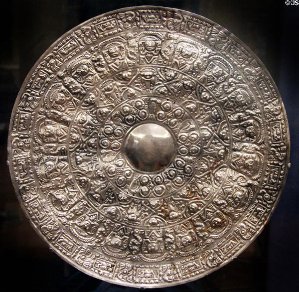Chimú silver embossed disk (900-1470) from Peru at Dumbarton Oaks Museum. Washington, DC.