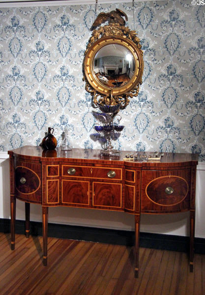 Mahogany sideboard made in Baltimore, MD (1795-1810) & girandole convex mirror (19thC) & epergne with silver wire baskets (c1790) in Virginia period dining room (1800-10) at DAR Memorial Continental Hall. Washington, DC.