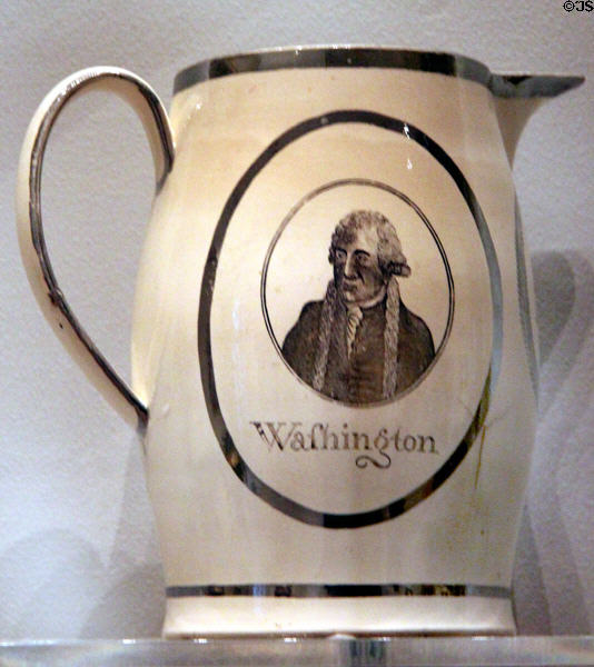 Creamware pitcher with print of George Washington (c1810-20) by Herculaneum Pottery of Liverpool, England at Museum of Fine Arts. Boston, MA.