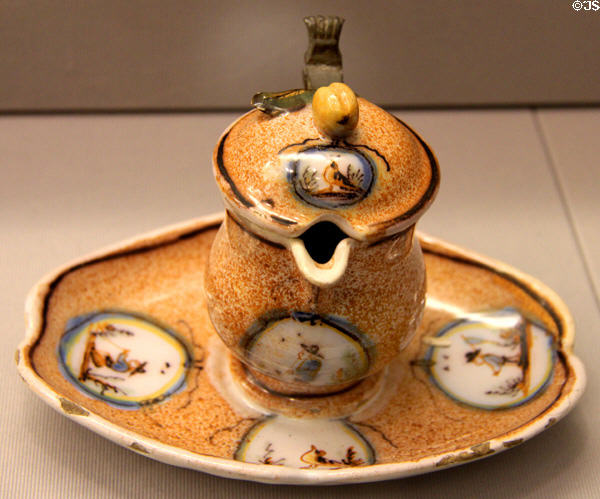 Tin-glazed earthenware mustard pot (1800) from Saint Omer, France at Detroit Institute of Arts. Detroit, MI.