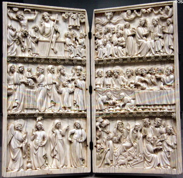 Carved ivory diptych (1320-30) from Paris with scenes of lives of Christ & the Virgin at Detroit Institute of Arts. Detroit, MI.