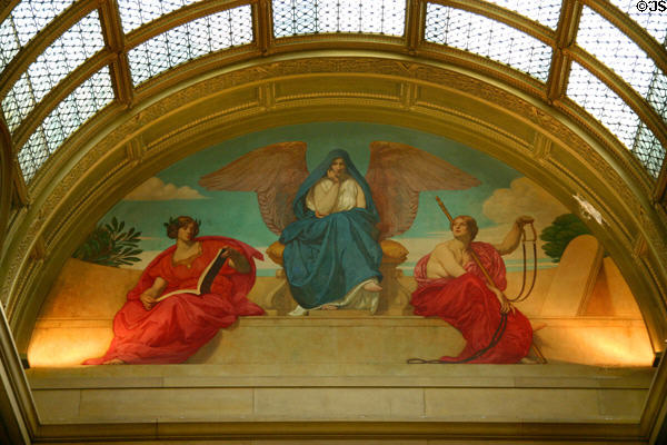 Allegorical mural of three women bearing wings, book & bridle (1904) by Kenyon Cox over staircase in Minnesota State Capitol. St. Paul, MN.