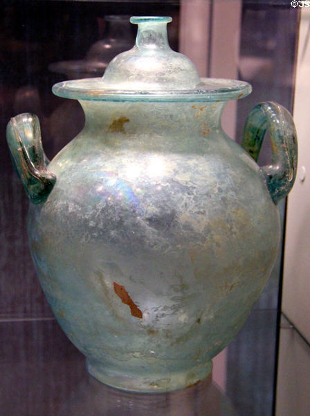 Italian jar with two handles & lid, possibly for cremated remains (1st-2ndC CE) at Corning Museum of Glass. Corning, NY.