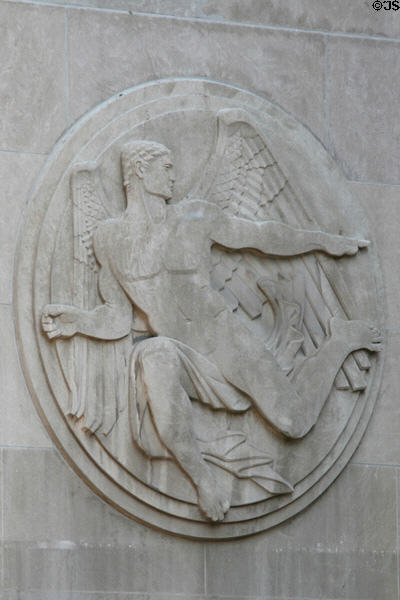 Art Deco winged messenger on US Post Office-Church Street Station. New York, NY.