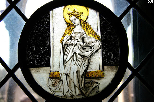 St Agnes stained glass window (c1490) from Swabia at The Cloisters. New York, NY.