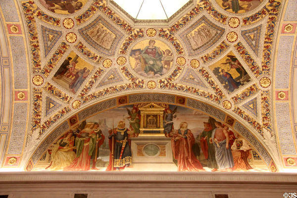 Ceiling murals relay stories regarding religion at Morgan Library. New York City, NY.