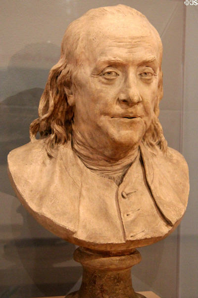 Plaster life mask of Benjamin Franklin (c1779) by Jean-Antoine Houdon at Morgan Library. New York City, NY.