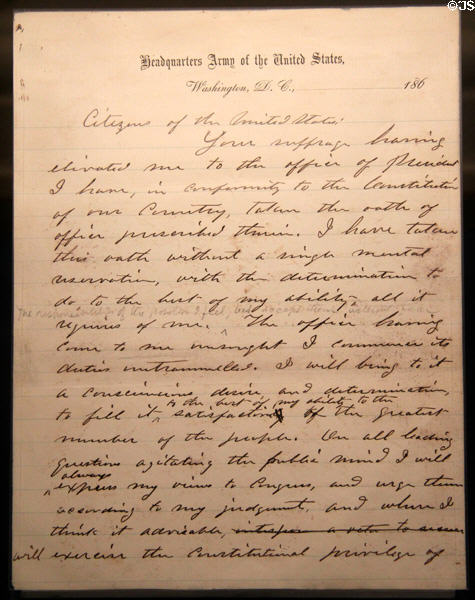 President Grant's call for tolerance in first his inaugural address (1869) at Morgan Library. New York City, NY.