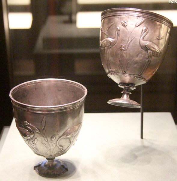 Pair of Roman silver cups (early 1stC) decorated with cranes at Morgan Library. New York City, NY.