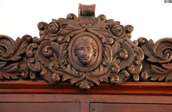 Carving detail of desk (2nd half 19thC) owned by Fernando Veramendi of San Antonio at Spanish Governor's Palace. San Antonio, TX.