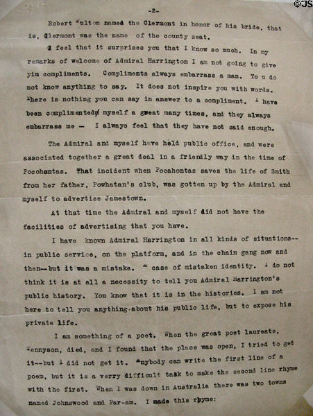 Page 2 of typewritten notes for speech given by Mark Twain at Jamestown Exposition (1907) at Moses Myers House museum. Norfolk, VA.