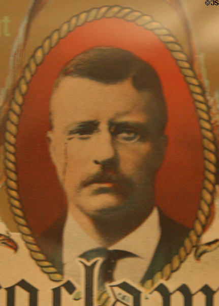 President Teddy Roosevelt portrait detail on Jamestown Exposition (1907) poster at Hampton Roads Naval Museum. Norfolk, VA.