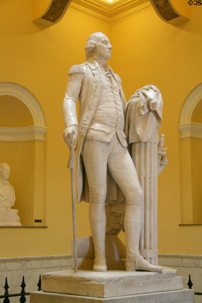 White marble statue of George Washington (1785) by Jean-Antoine Houdon in rotunda of Virginia State Capitol. Richmond, VA.