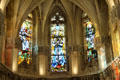 Stained glass windows depicting life of Louis IX in St Hubert's Chapel at Chateau Royal of Amboise. Amboise, France.