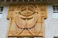 Tree of Life sandstone carving over music room terrace as interpreted by stone mason Jack Kennedy from C.R. Mackintosh's three cm high sketch at House for an Art Lover. Glasgow, Scotland.