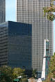 Black Century City Medical Plaza Tower with covered oil derrick before Century Plaza Towers. Century City, CA.