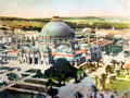 Hand-colored print shows Palace of Horticulture building with Great Glass Dome of Panama-Pacific International Exposition in private collection. San Francisco, CA.