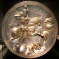 Silver & gold Sasanian plate with horseman hunting boars from Iran at Smithsonian Arthur M. Sackler Gallery. Washington, DC.