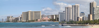 Panorama of Waikiki along shoreline from Kapi''olani Park.