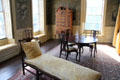 Chaise longue, high chest & table & chairs in bedroom at Jeremiah Lee Mansion. Marblehead, MA.