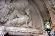 Relief of bull symbol of Evangelists Luke over portal of Princeton University Chapel. Princeton, NJ.
