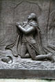 Relief of General George Washington praying for victory in snowy forest on wall of Federal Hall. New York, NY.