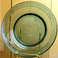 Aqua blown glass pan attr: Carter & Woodruff, Putnam at Stone Academy Museum. Zanesville, OH.