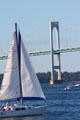 Sailboat & Claiborne Pell Newport Bridge on Narragansett Bay. Newport, RI.