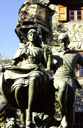 Statues of folk dancers in front of Parliament in La Vella. Andorra.