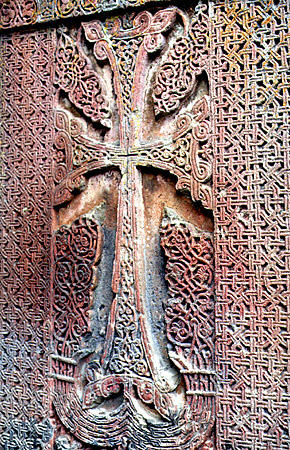 Intricately carved stone cross of Geghart Church near Garni, Armenia.