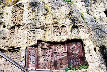 Geghart Church rock carvings near Garni. Armenia.