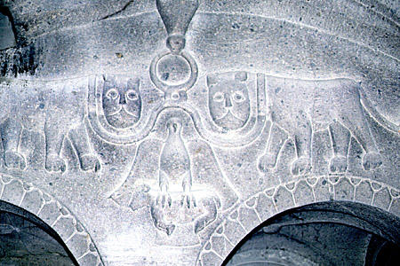 Detail of relief with two lions & dove on Geghart Church near Garni. Armenia.