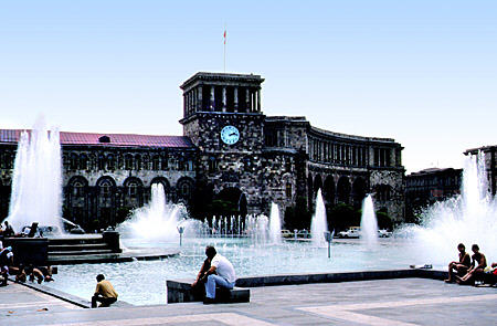 Fountains spray in central square in Yerevan, Armenia.