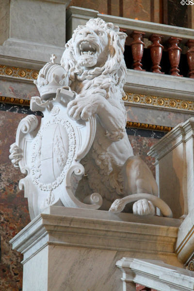 Sculpted lion on central staircase of Kunsthistorisches Museum. Vienna, Austria.