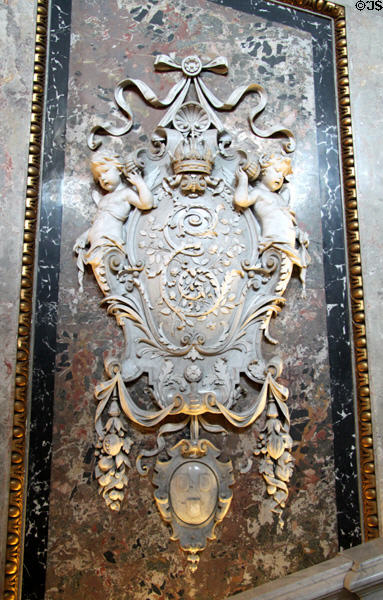 Sculpted coat of arms on central staircase of Kunsthistorisches Museum. Vienna, Austria.