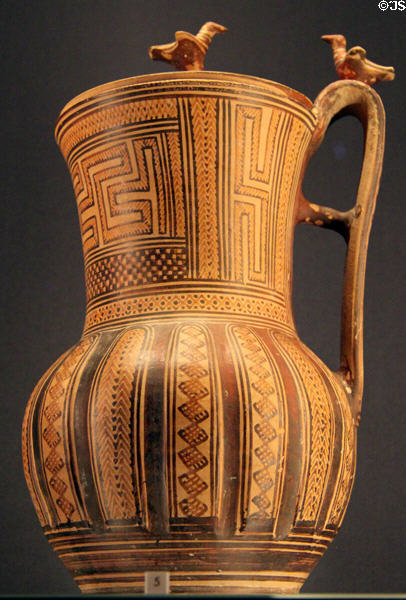 Greek ceramic pitcher with birds on cover from late geometric period (760-740 BCE) at Kunsthistorisches Museum. Vienna, Austria.