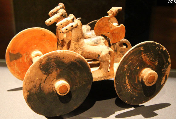 Greek ceramic model chariot with warrior from Attica late geometric period (760-740 BCE) at Kunsthistorisches Museum. Vienna, Austria.