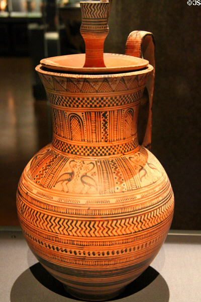 Greek ceramic pitcher with cover from Attica late geometric period (740-720 BCE) at Kunsthistorisches Museum. Vienna, Austria.