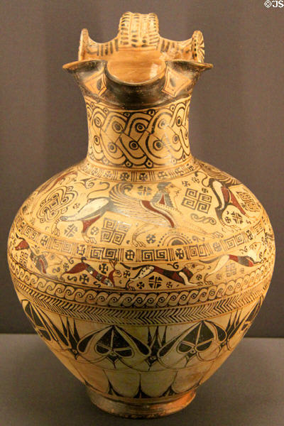 Eastern Greek ceramic pitcher painted with sphinx, griffon, hounds & hares (c600 BCE) at Kunsthistorisches Museum. Vienna, Austria.