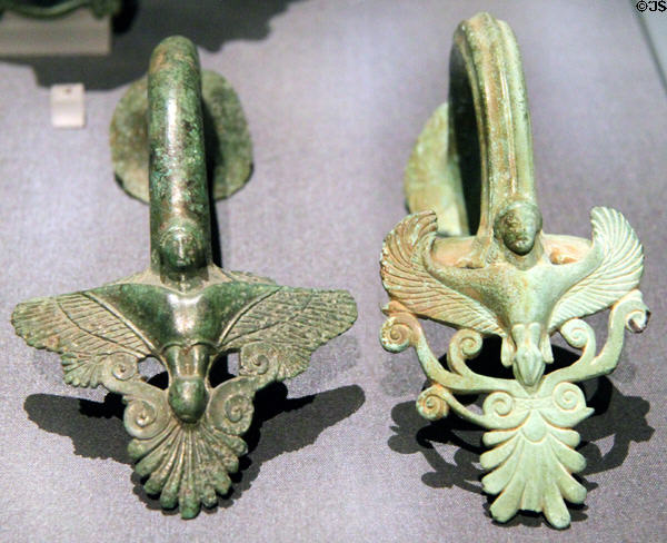 Greek bronze handles with sirens (c 5th C BCE) at Kunsthistorisches Museum. Vienna, Austria.