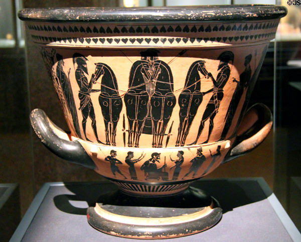 Greek ceramic black figure on red krater painted with warriors & horses (520-510 BCE) at Kunsthistorisches Museum. Vienna, Austria.